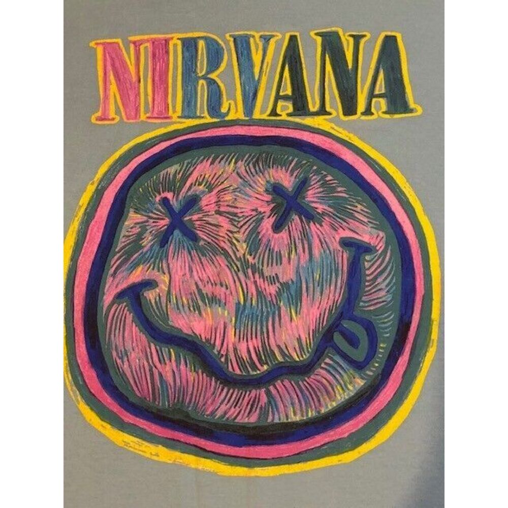 NIRVANA Band Smiley Face NEVERMIND Graphic Shirt Mens Size LARGE light Blue - Picture 3 of 7